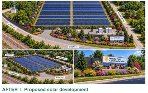 Three-view conceptual rendering of the proposed Harvey First Community Solar Project: an angled view of ground-mounted solar panel rows behind fencing, an aerial view of the fenced site, and a street-level entrance sign