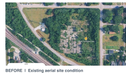 Aerial view of the vacant parcel near East 150th Street and Turlington Avenue in Harvey, Illinois, bordered by houses, streets, and a railroad corridor