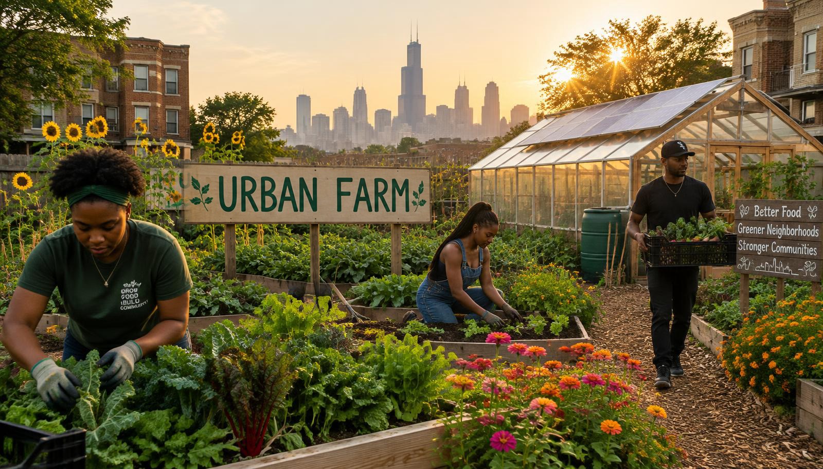 Conceptual illustration: the lot transformed into an urban farm with raised beds, flowers, and a solar greenhouse